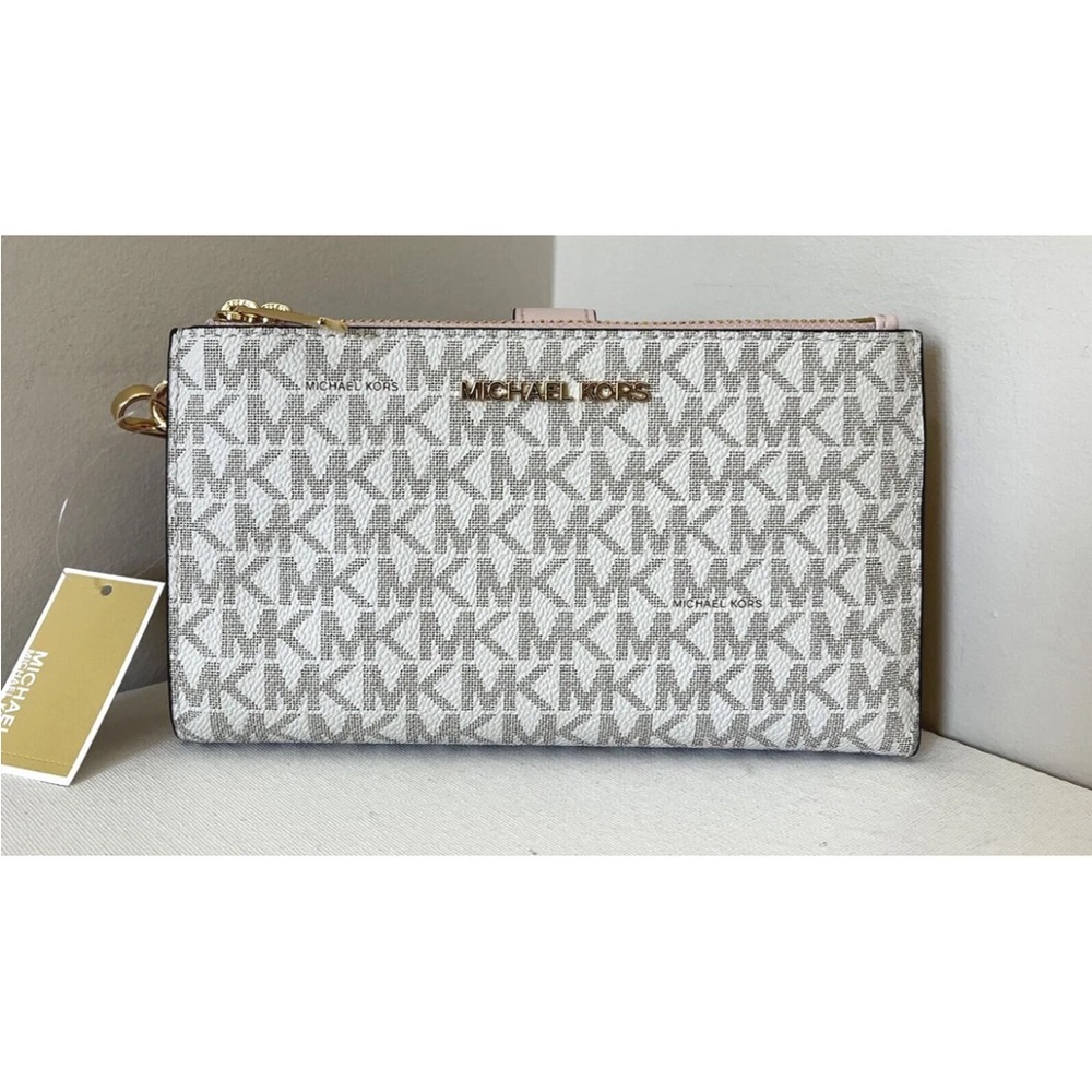 New Michael Kors Jet Set Travel Double zip wristlet wallet Vanilla Powder Blush